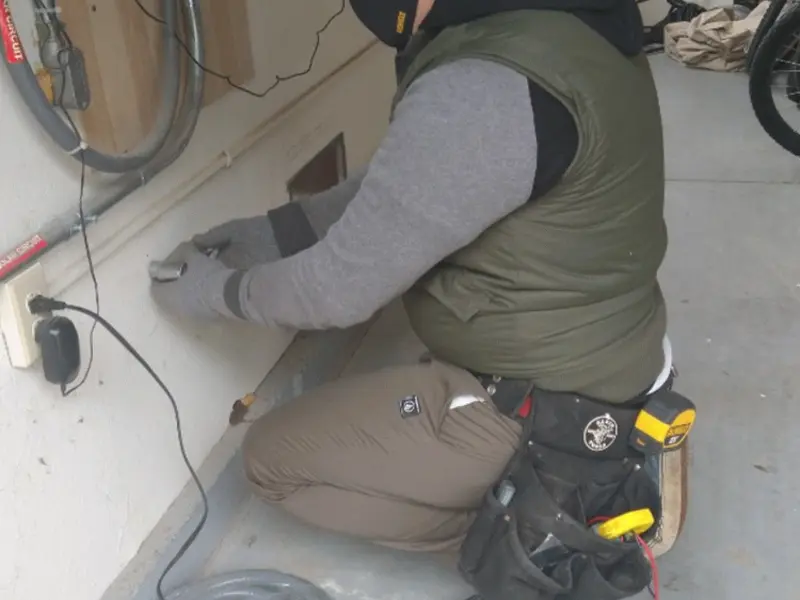 Electrician performing outlet wiring in a Bluefield garage